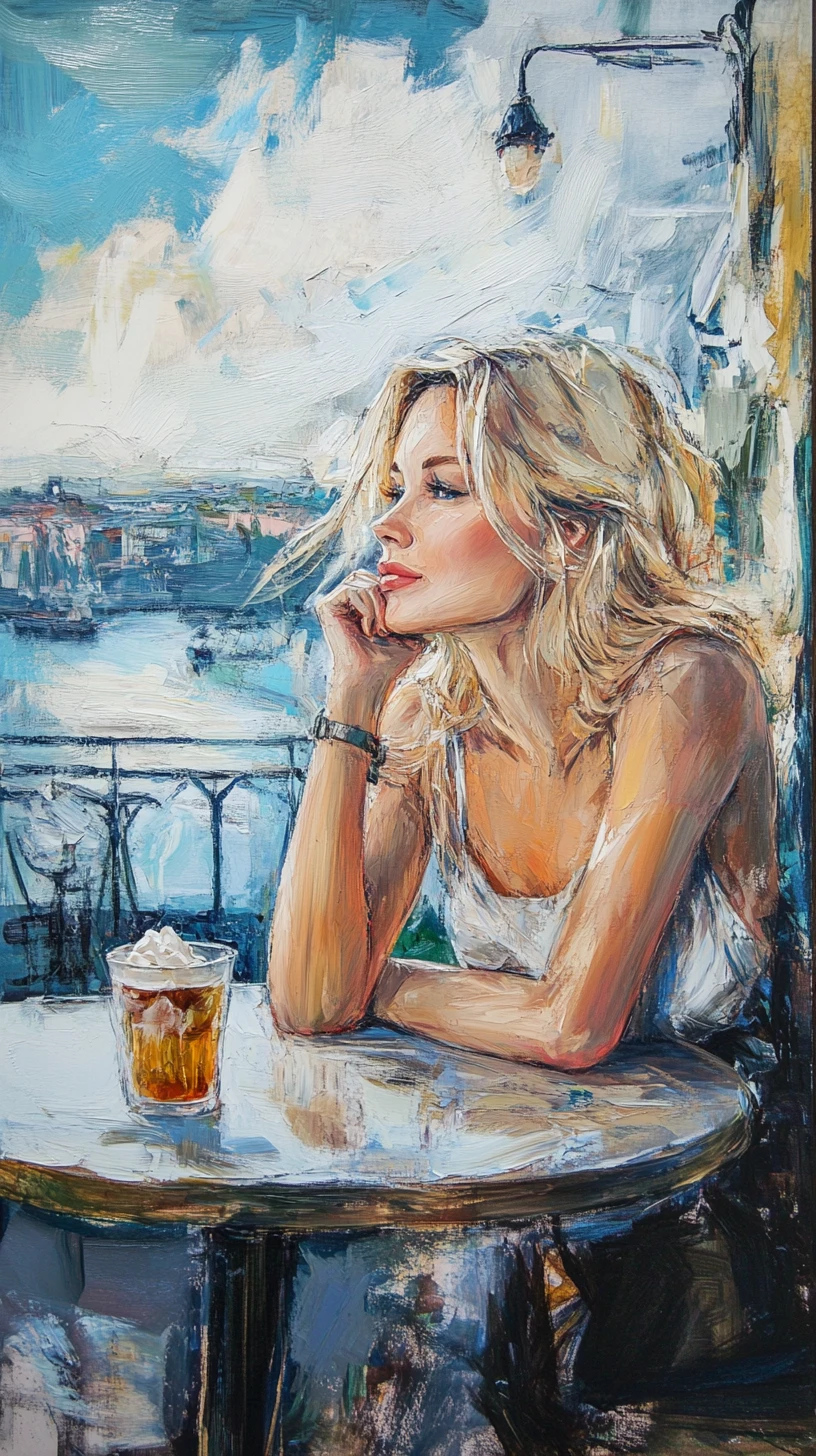 Mujer rubia sonriente comiendo helado en una cafetería de Milán