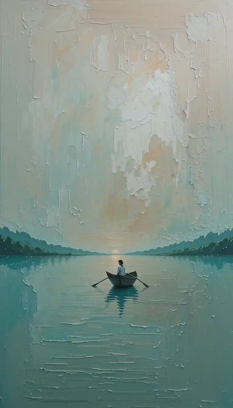 Lac minimaliste en acrylique au coucher du soleil avec bateau lointain et silhouette