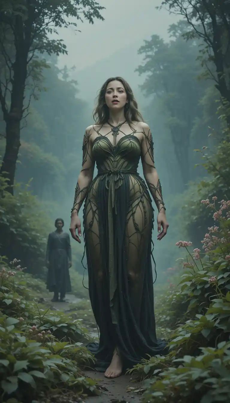 Confident mature woman standing in a lush natural landscape