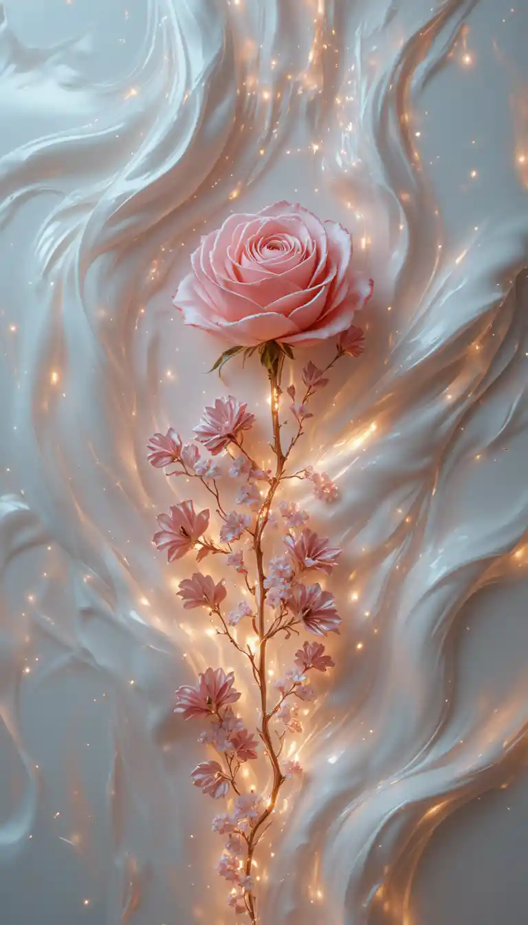 Glass tea roses on white fluid art background