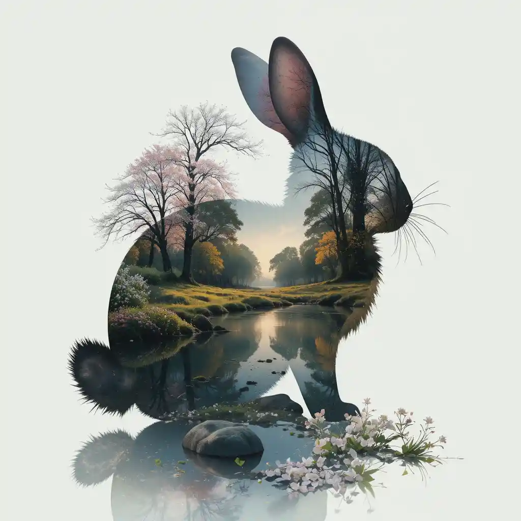 Silhueta de Coelho Mágico com Reflexo de Paisagem Primaveril