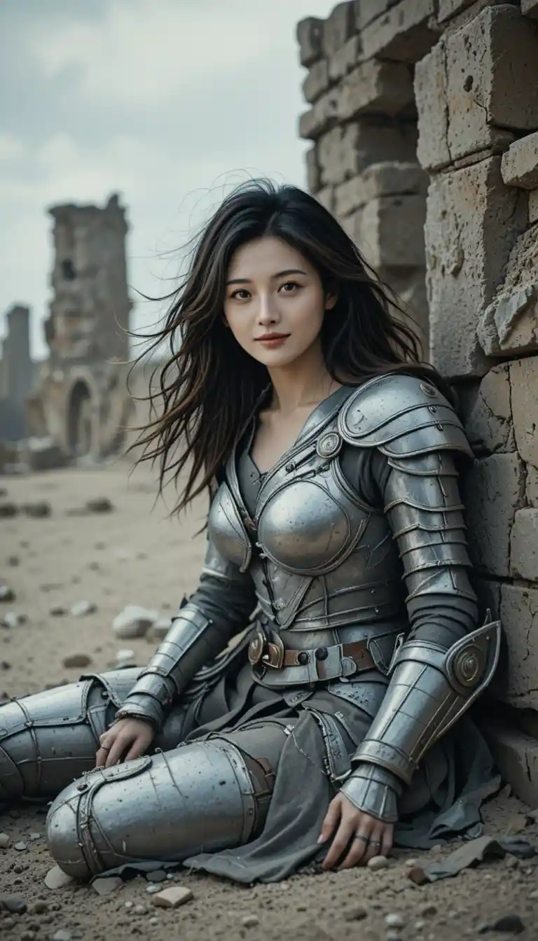 Wounded female warrior resting against ancient stone ruins