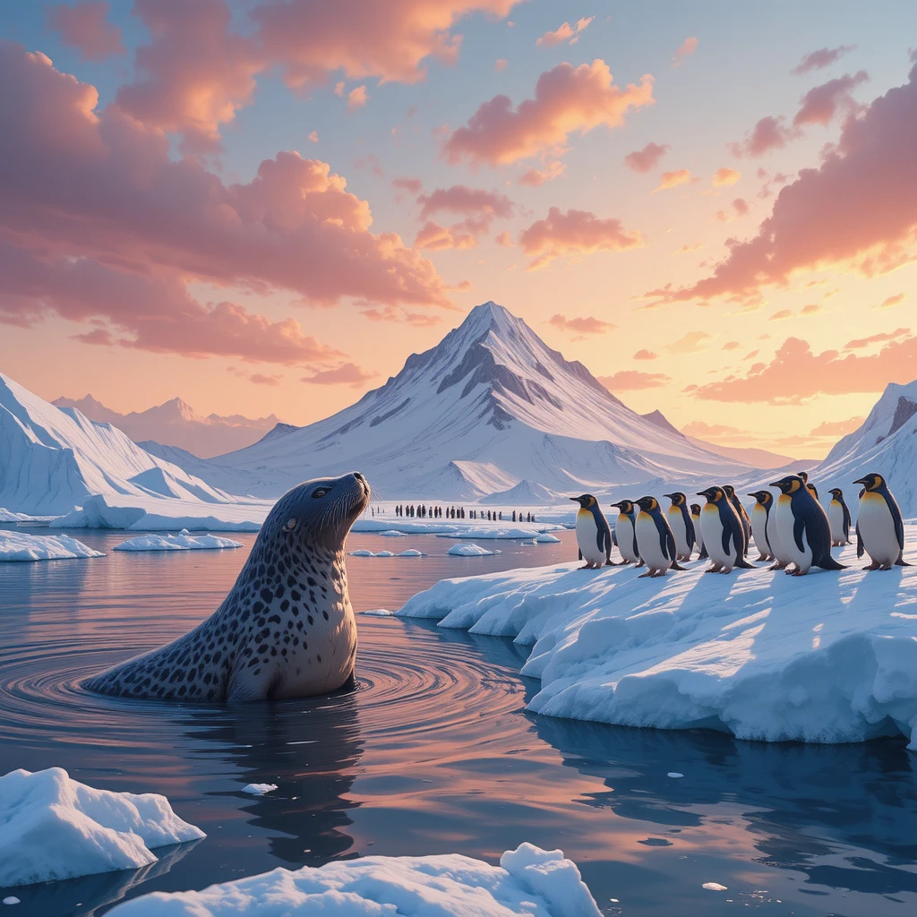 Close de uma foca-leopardo sob pinguins em um iceberg