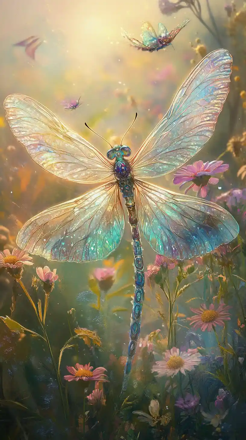 Libellule hybride éthérée au-dessus de fleurs sauvages en plein soleil