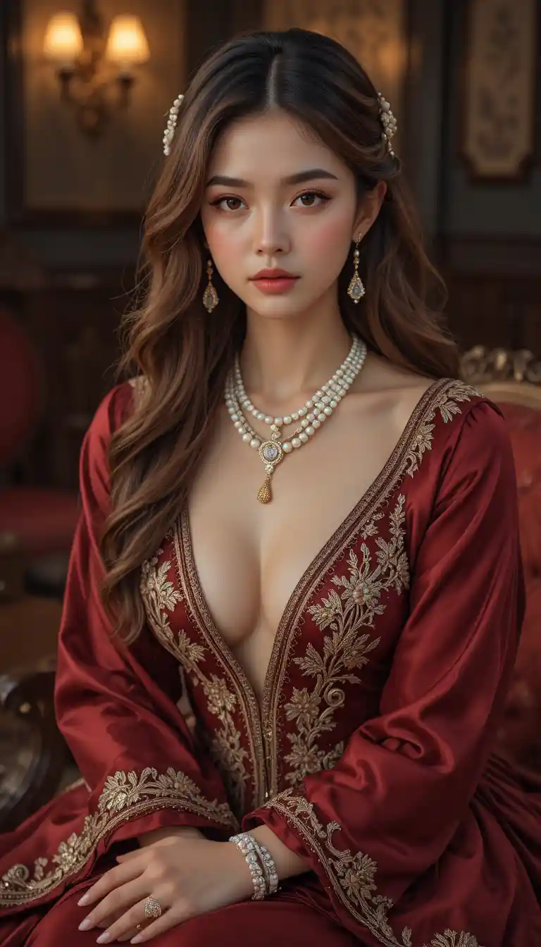 Mulher elegante em vestido carmesim em retrato de interior vintage