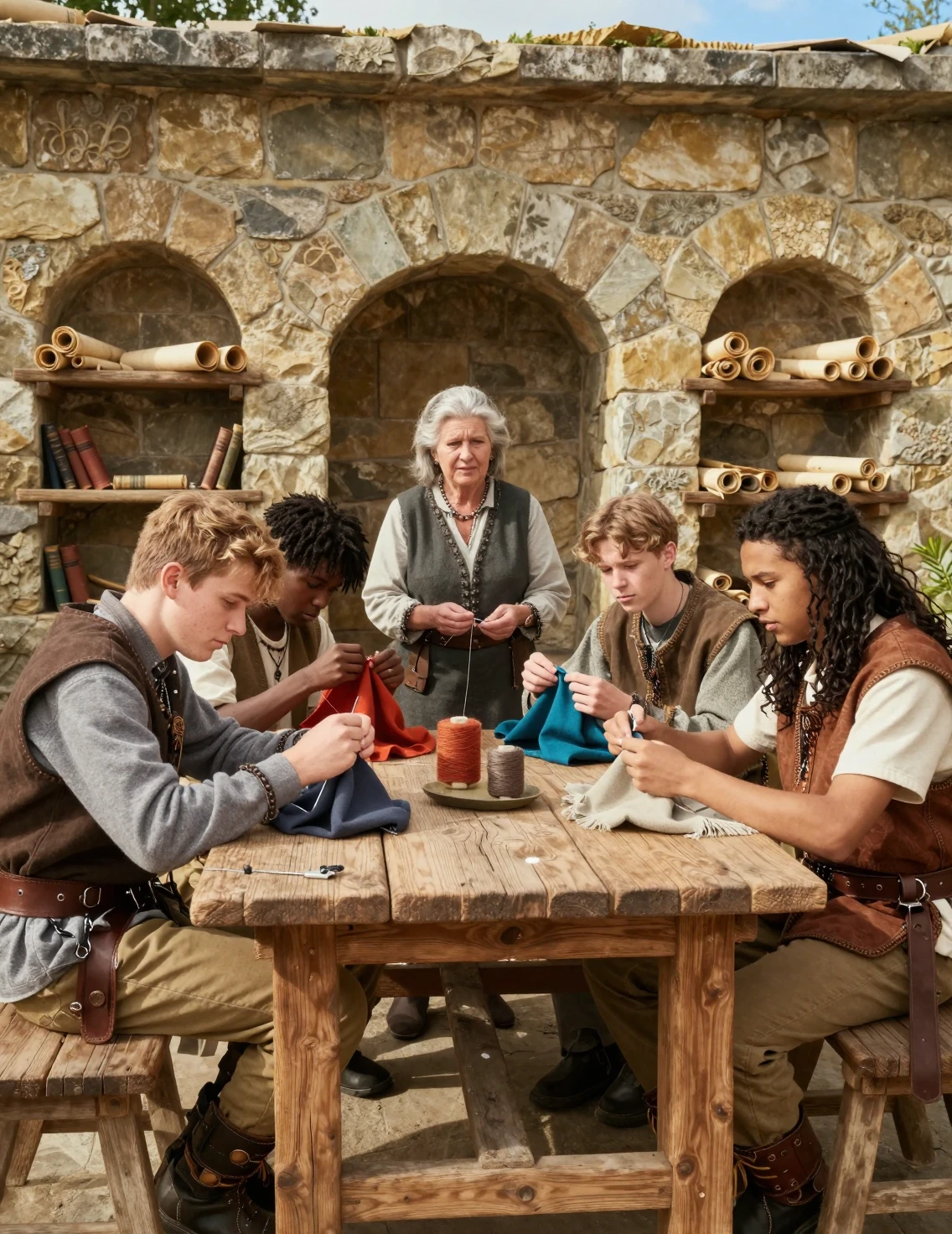 Teen boys sewing at a fantasy classroom table with teacher