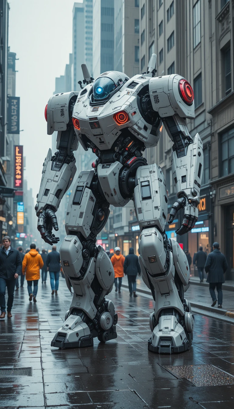 Meca blanco futurista avanzando por una calle lluviosa de la ciudad