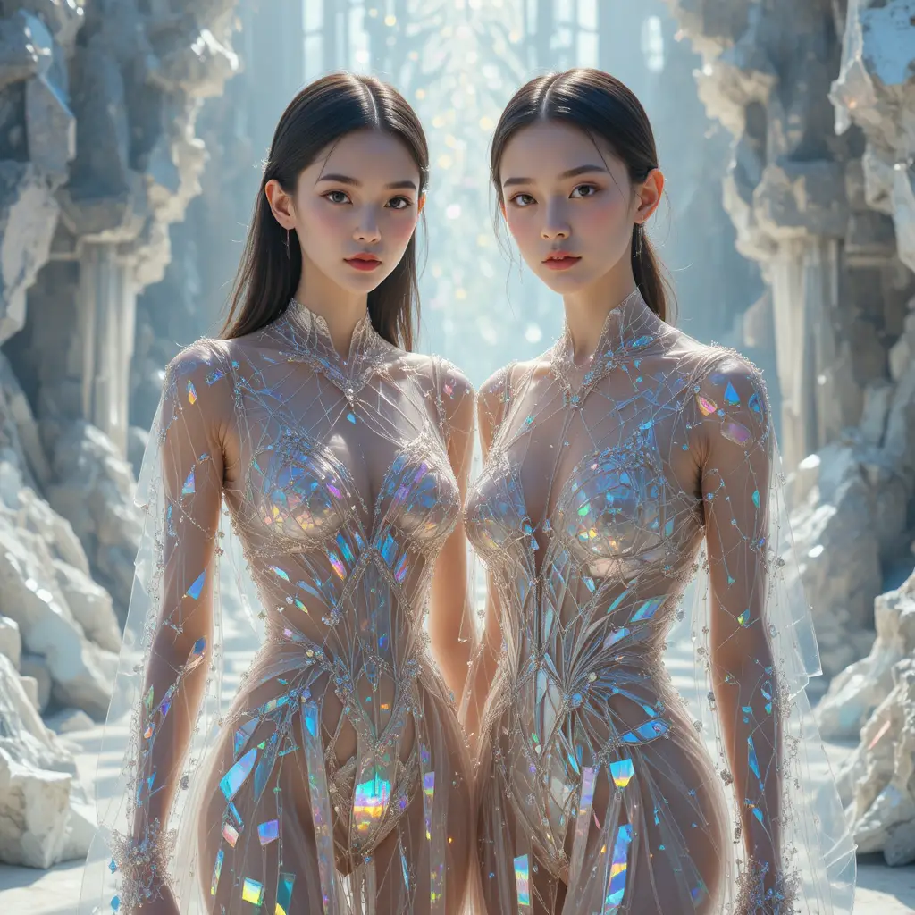 Dos mujeres con vestidos de cristal bajo una luz refractada dramática