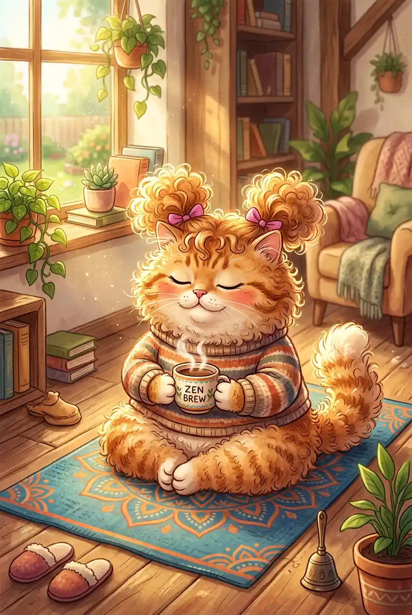 Meditating fantasy cat with coffee on a yoga mat