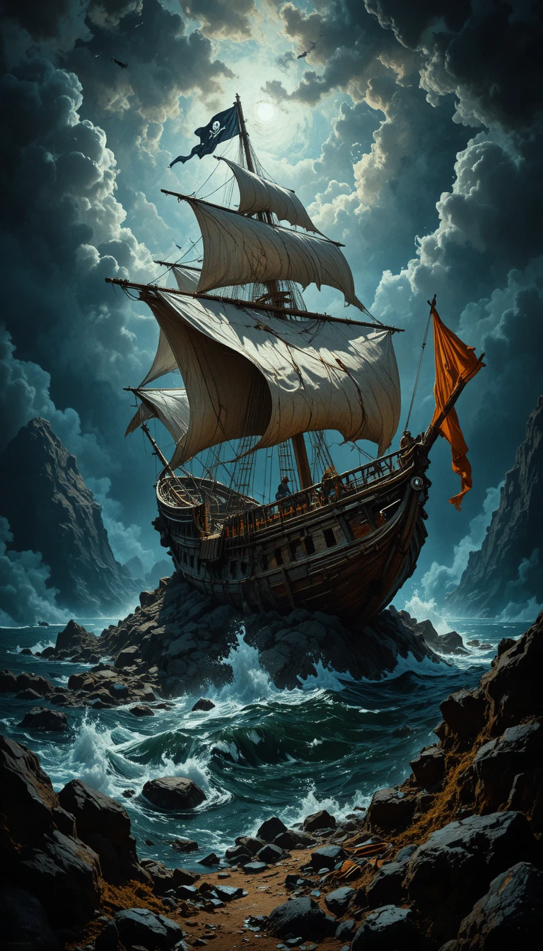 Overhead View Of Wrecked Pirate Ship On Rocky Island