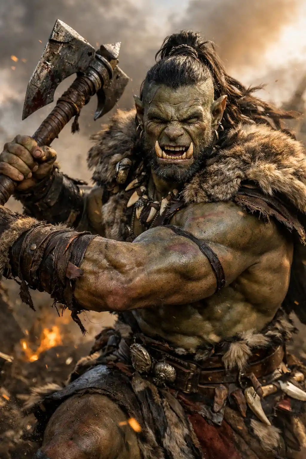 Photorealistic orc barbarian warrior holding an axe in furs
