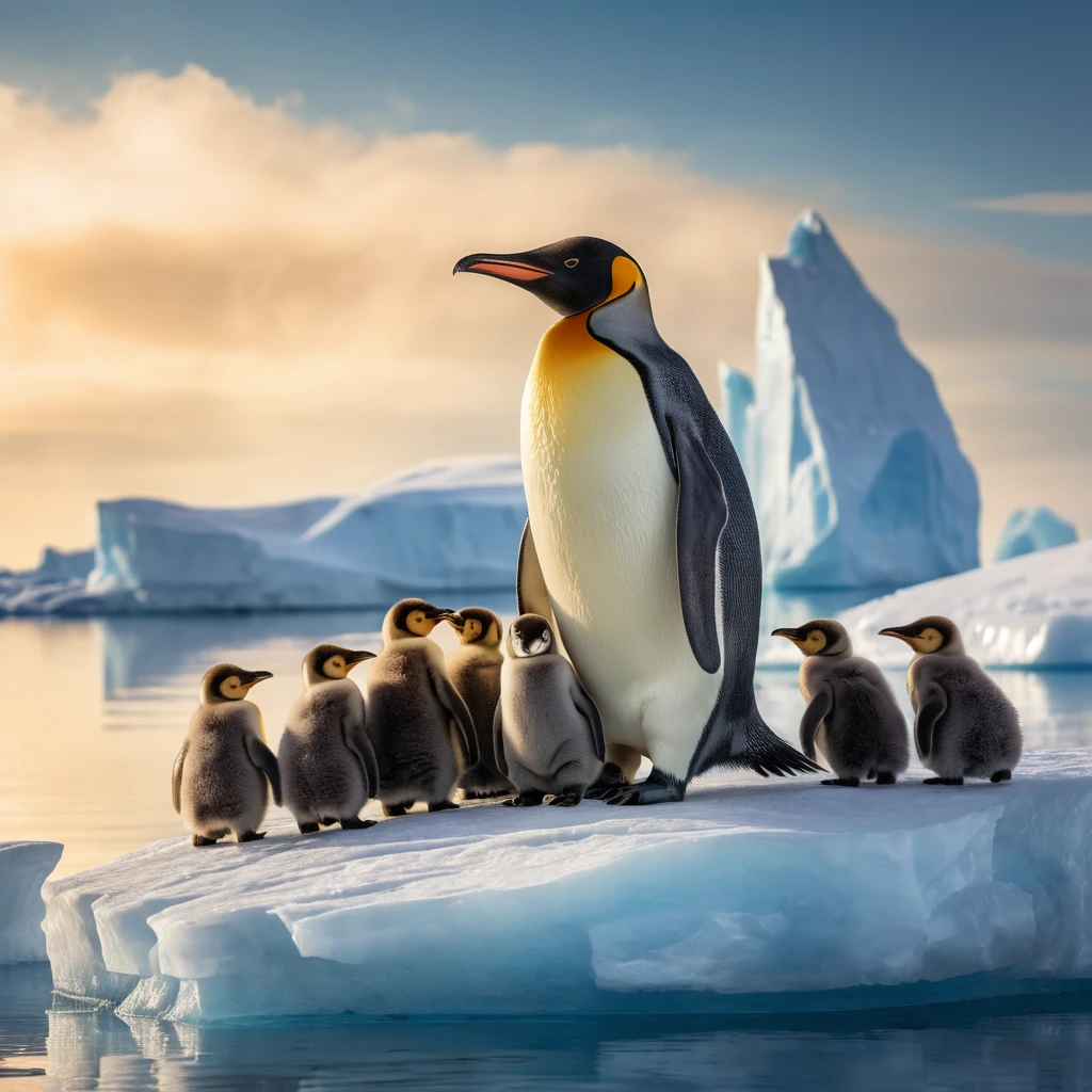 Pinguino reale che coccola i pulcini su un iceberg polare luminoso
