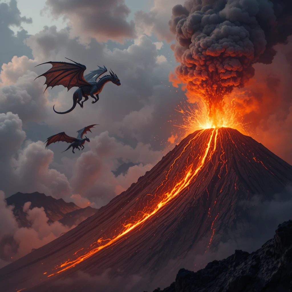 Dragões Sobrevoam Cena de Montanha Vulcânica em Erupção
