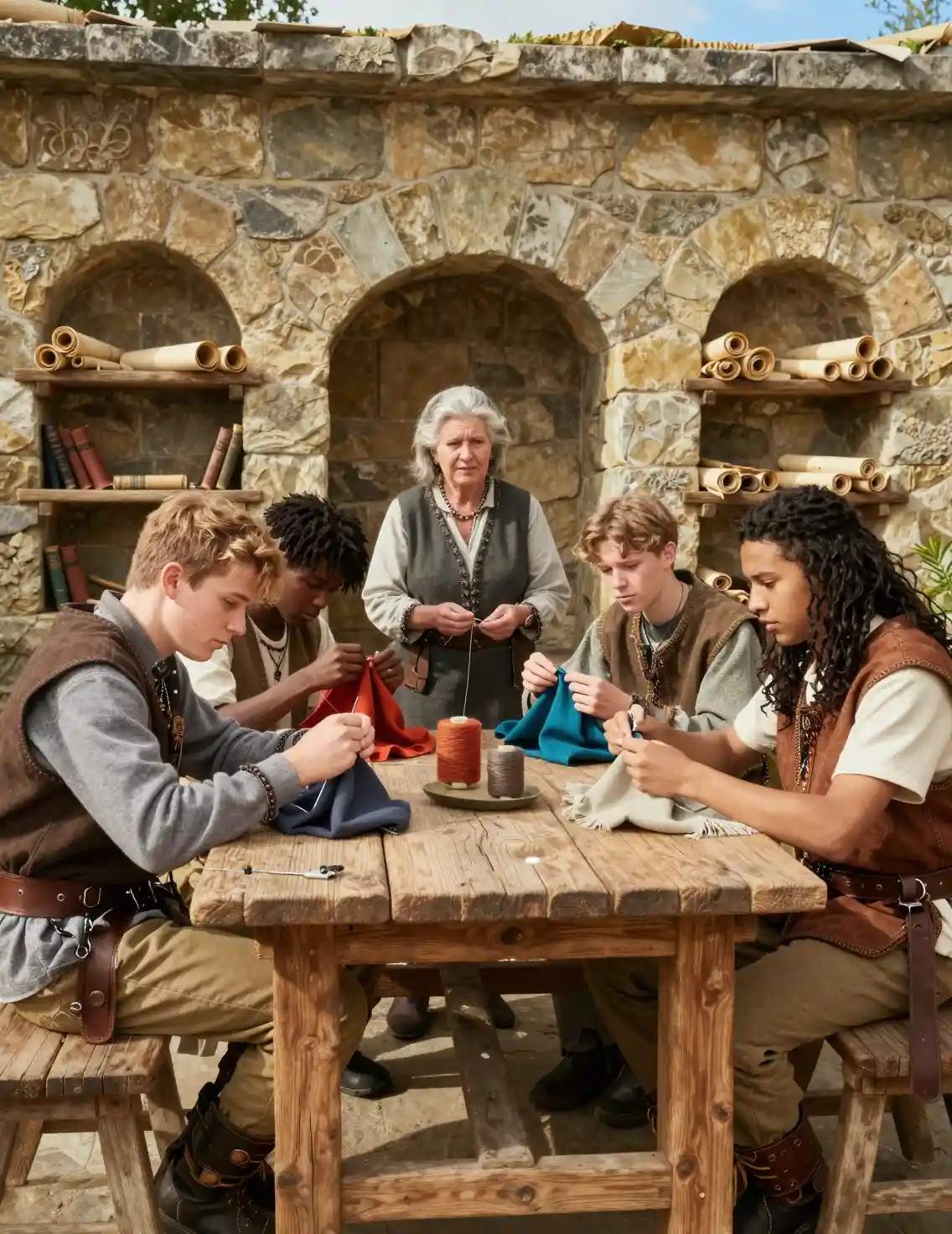Teen boys sewing at a fantasy classroom table with teacher