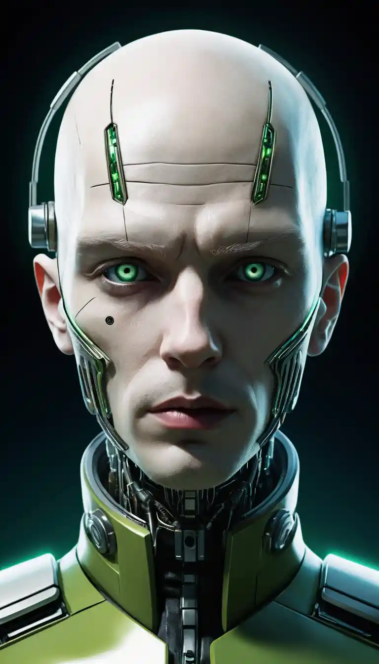 Ritratto ravvicinato di un cyborg pallido con occhi verdi luminosi