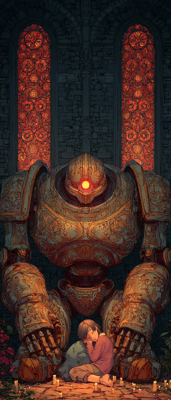 Guardian robot shielding a sleeping child in cathedral