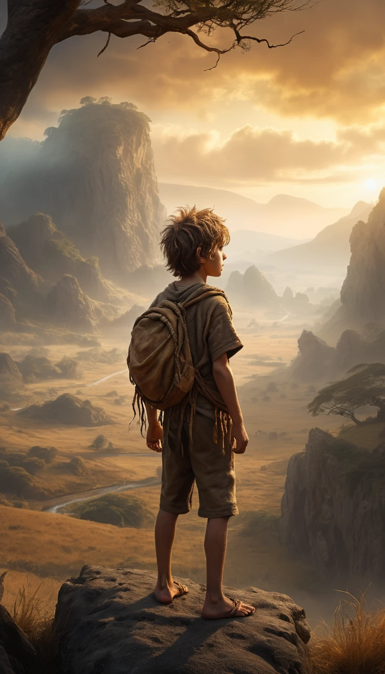 Jovem menino das cavernas em um vale pré-histórico enevoado ao pôr do sol