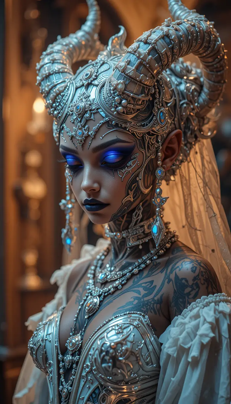 Cinematic portrait of a fantasy woman with metallic demon form