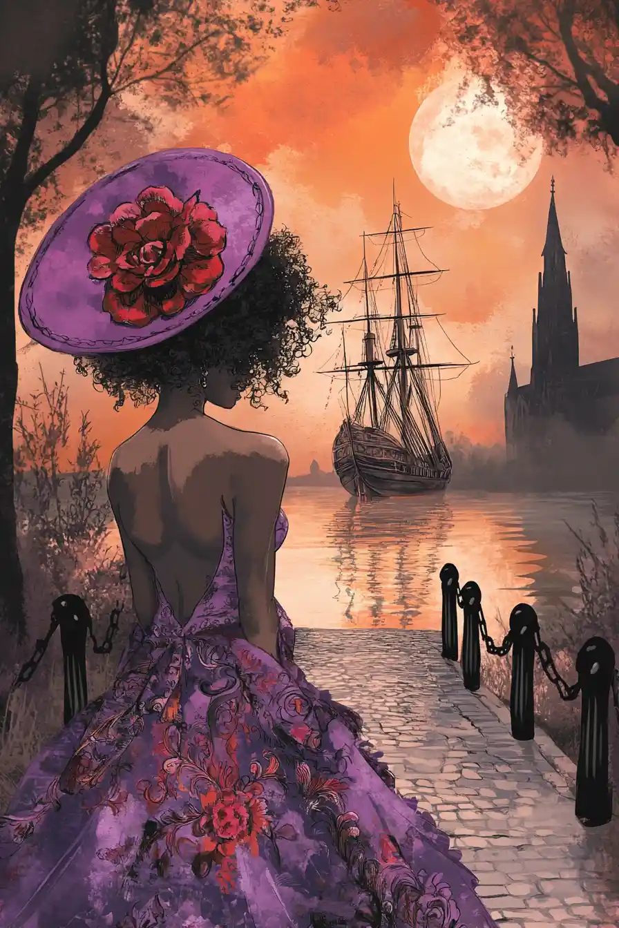Elegant woman in hat watching a moonlit sailing ship