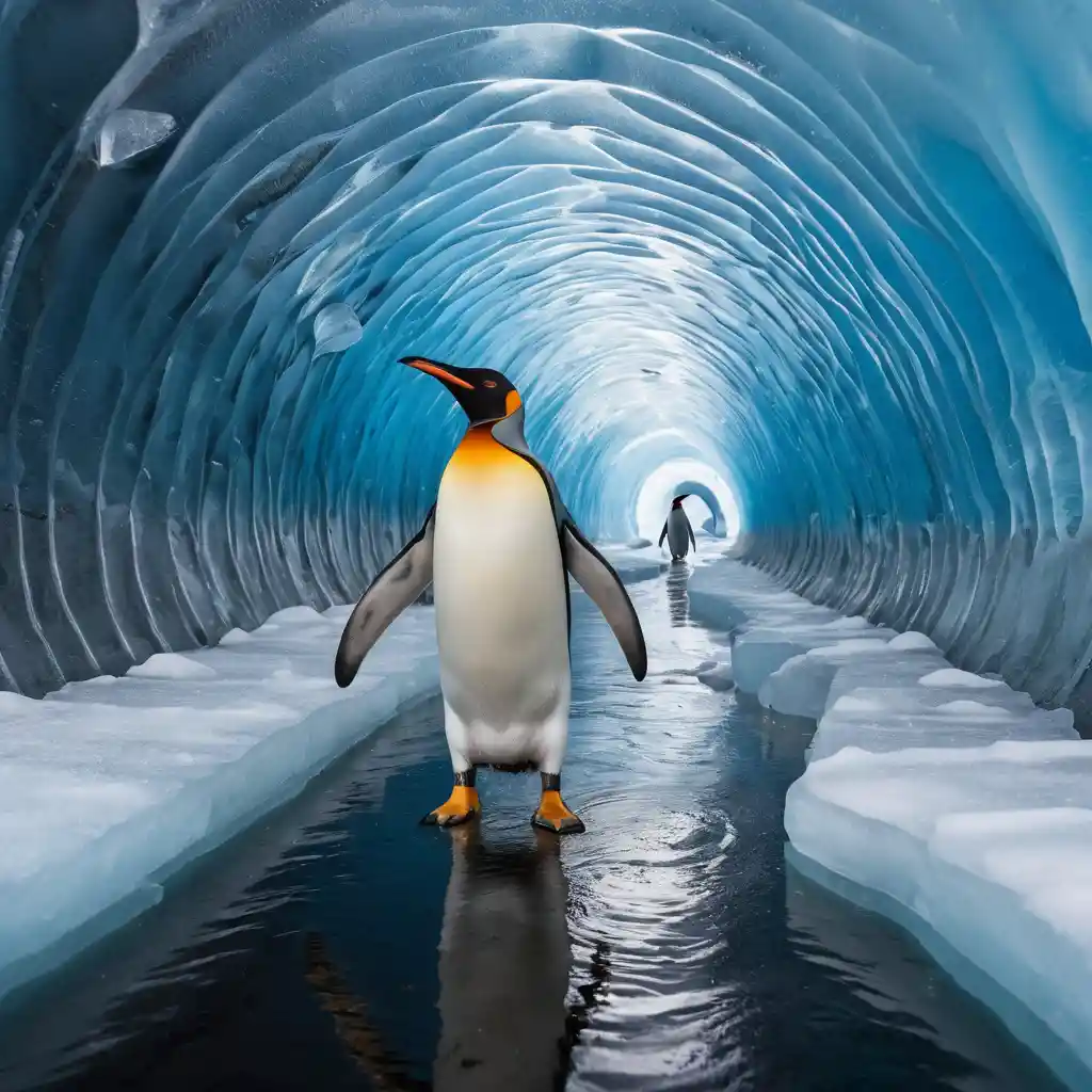 Pinguino reale che cammina in un tunnel di ghiaccio blu luminoso