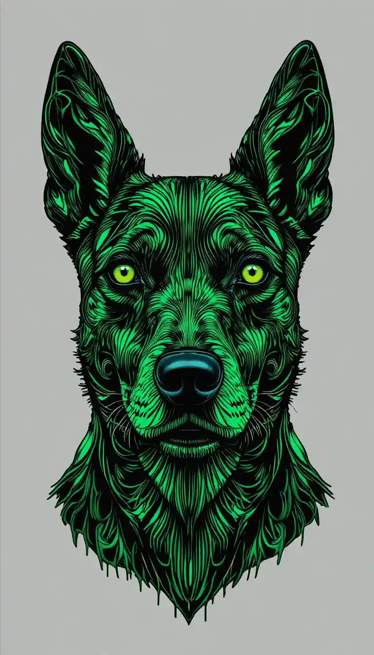 Rosto de cachorro abstrato hipnótico em verde vibrante na arte digital