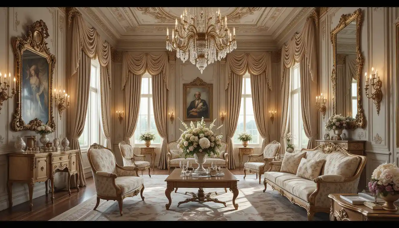 Luxurious classical palace interior with ornate furniture and chandeliers