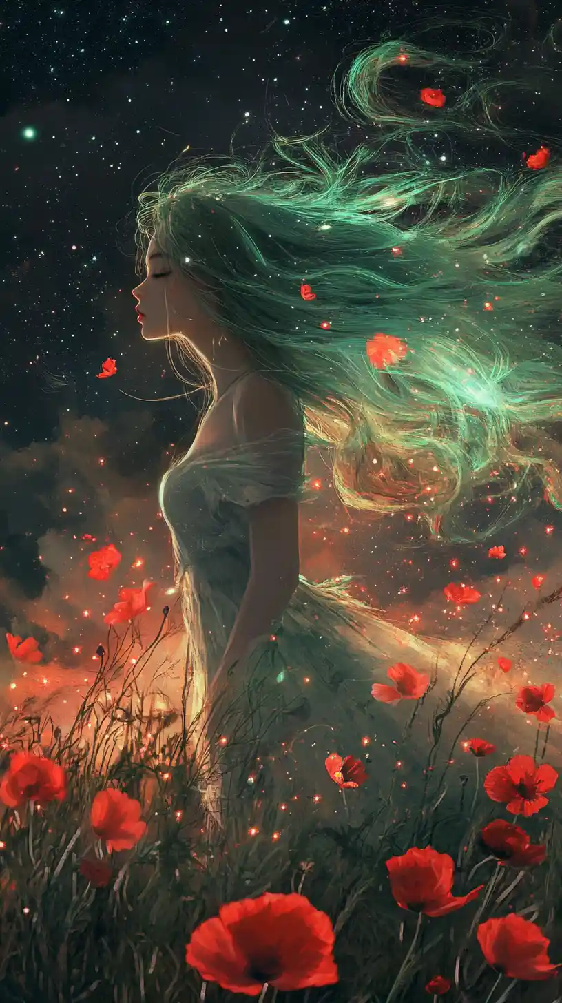 Fantasy girl with flowing green hair under cosmic sky
