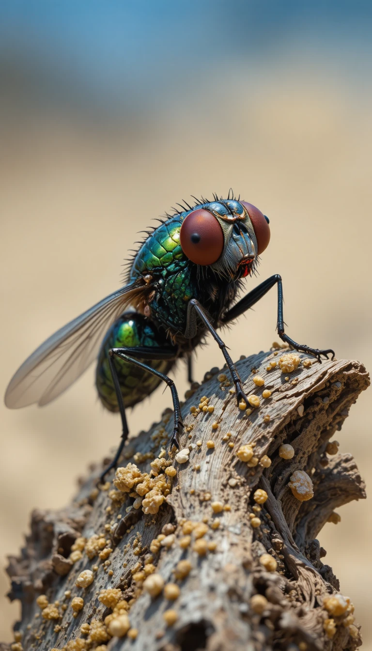 Primer plano de una mosca verde realista sobre madera a la deriva texturizada