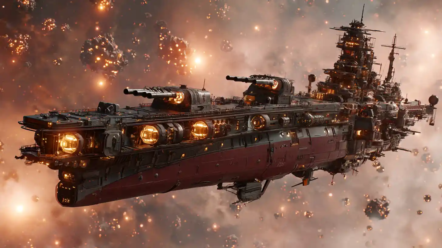 Retro futuristic battleship drifting through a glowing nebula