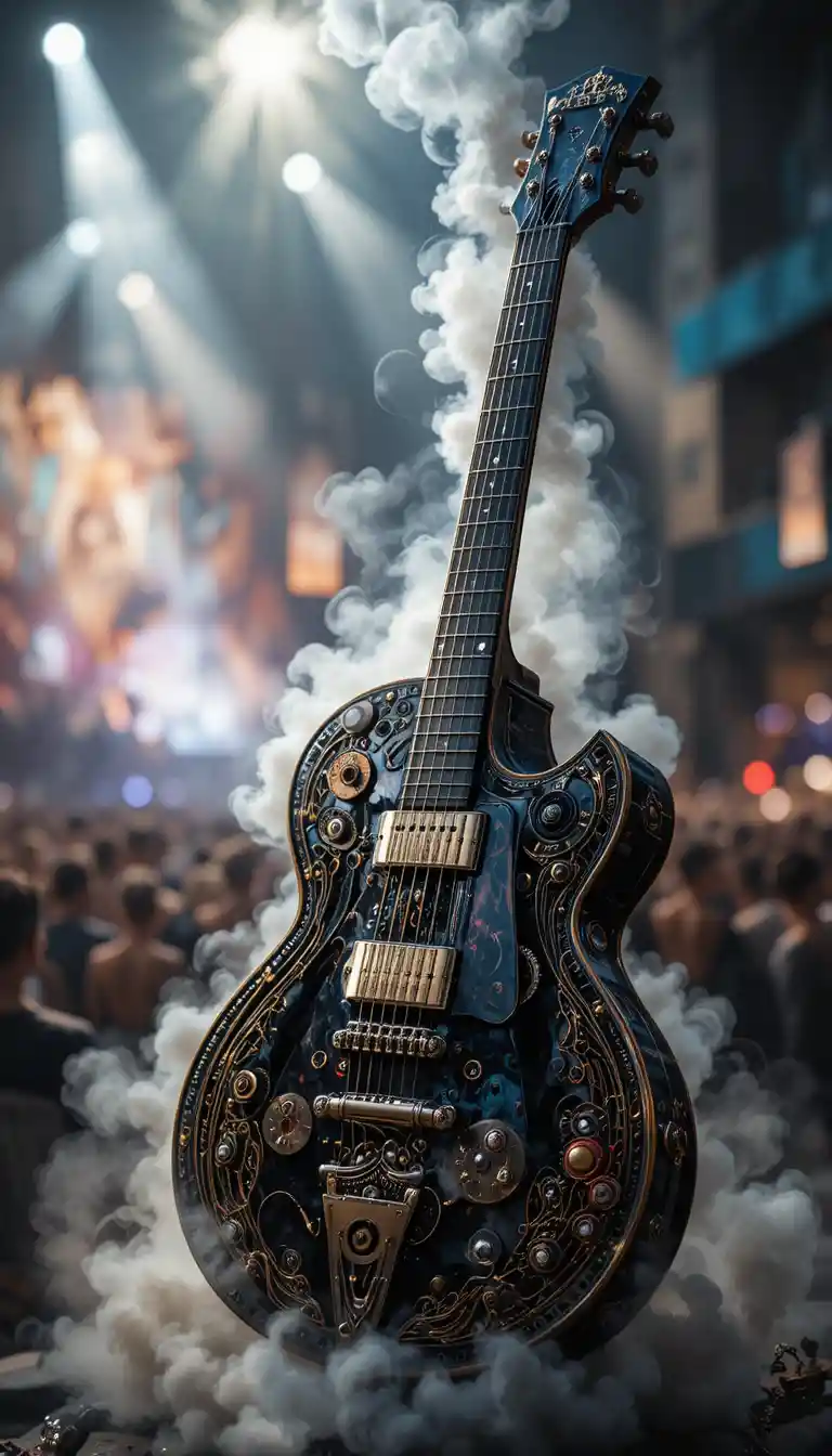 Guitare steampunk majestueuse avec engrenages et brume tourbillonnante