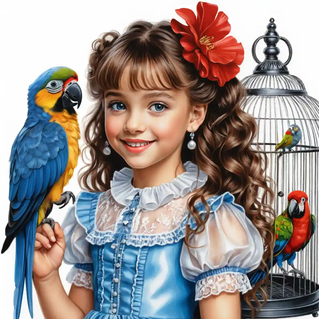 Garota sorridente de cabelo castanho com papagaio em vestido vintage de renda