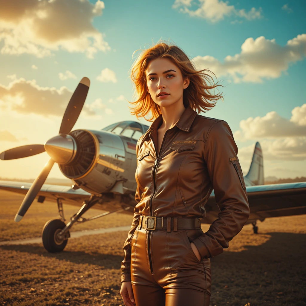 Woman pilot in leather suit beside retro airplane at sunset
