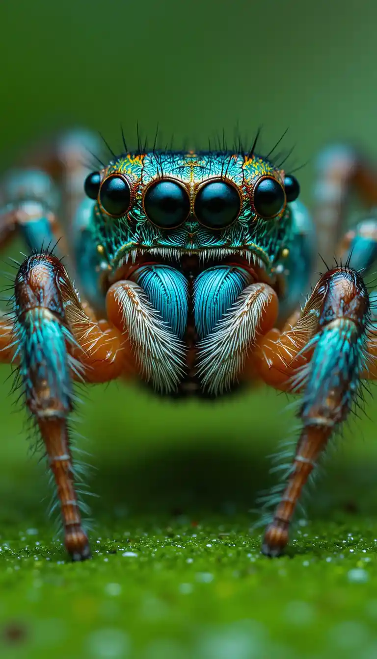 Araña saltarina turquesa vibrante en vista macro de primer plano