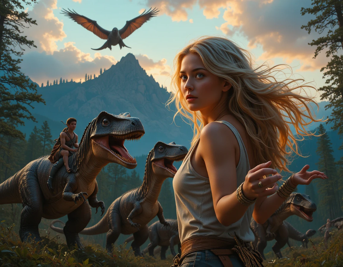 Surprised woman facing dinosaurs in a dramatic forest