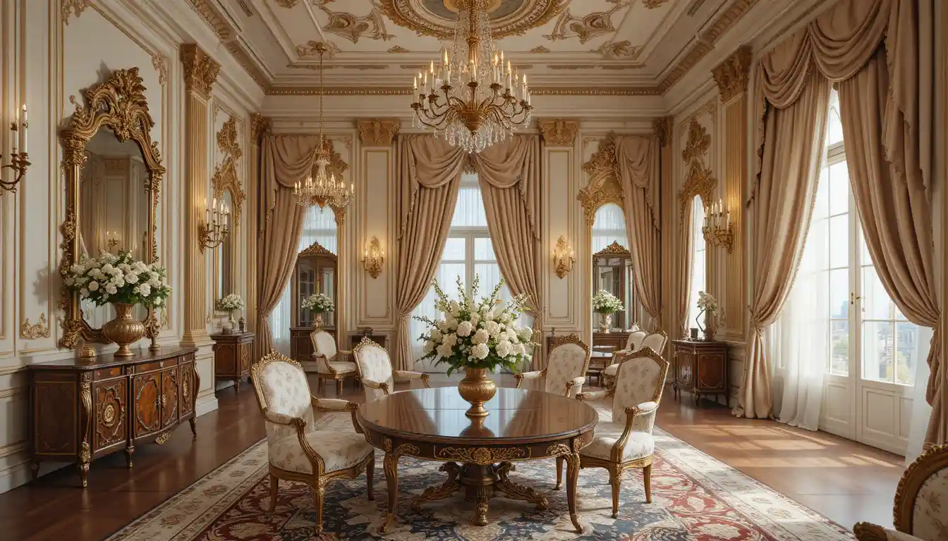 Opulent classical palace interior with gilded furniture and draped curtains