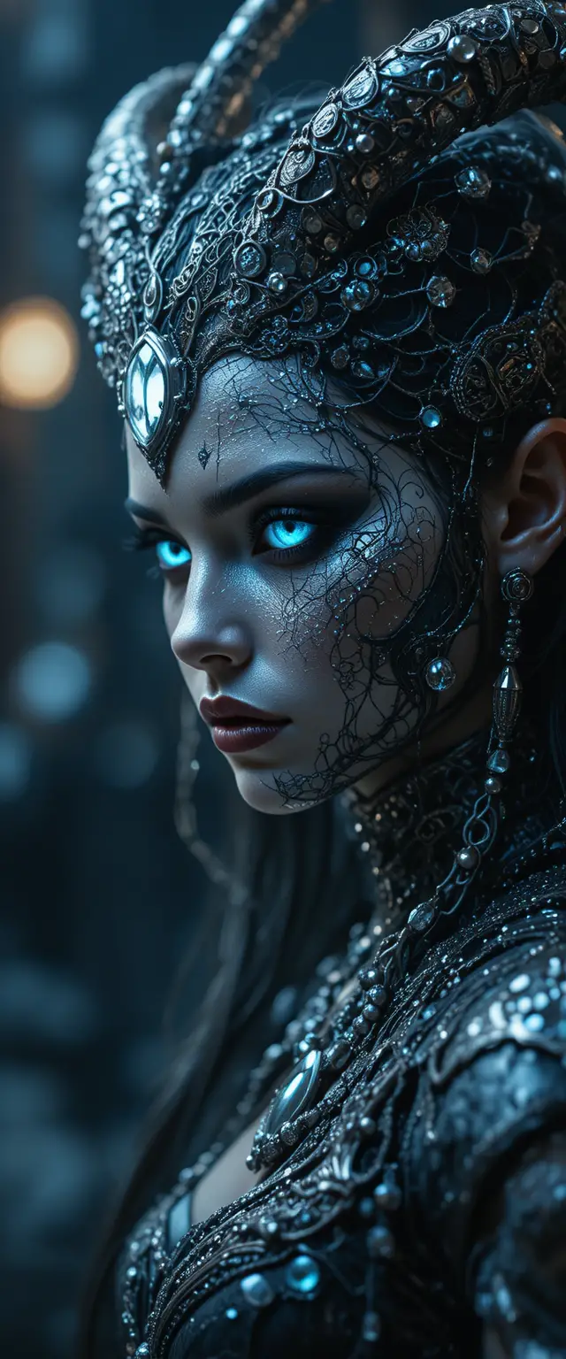 Cinematic close up of a metallic female demon portrait