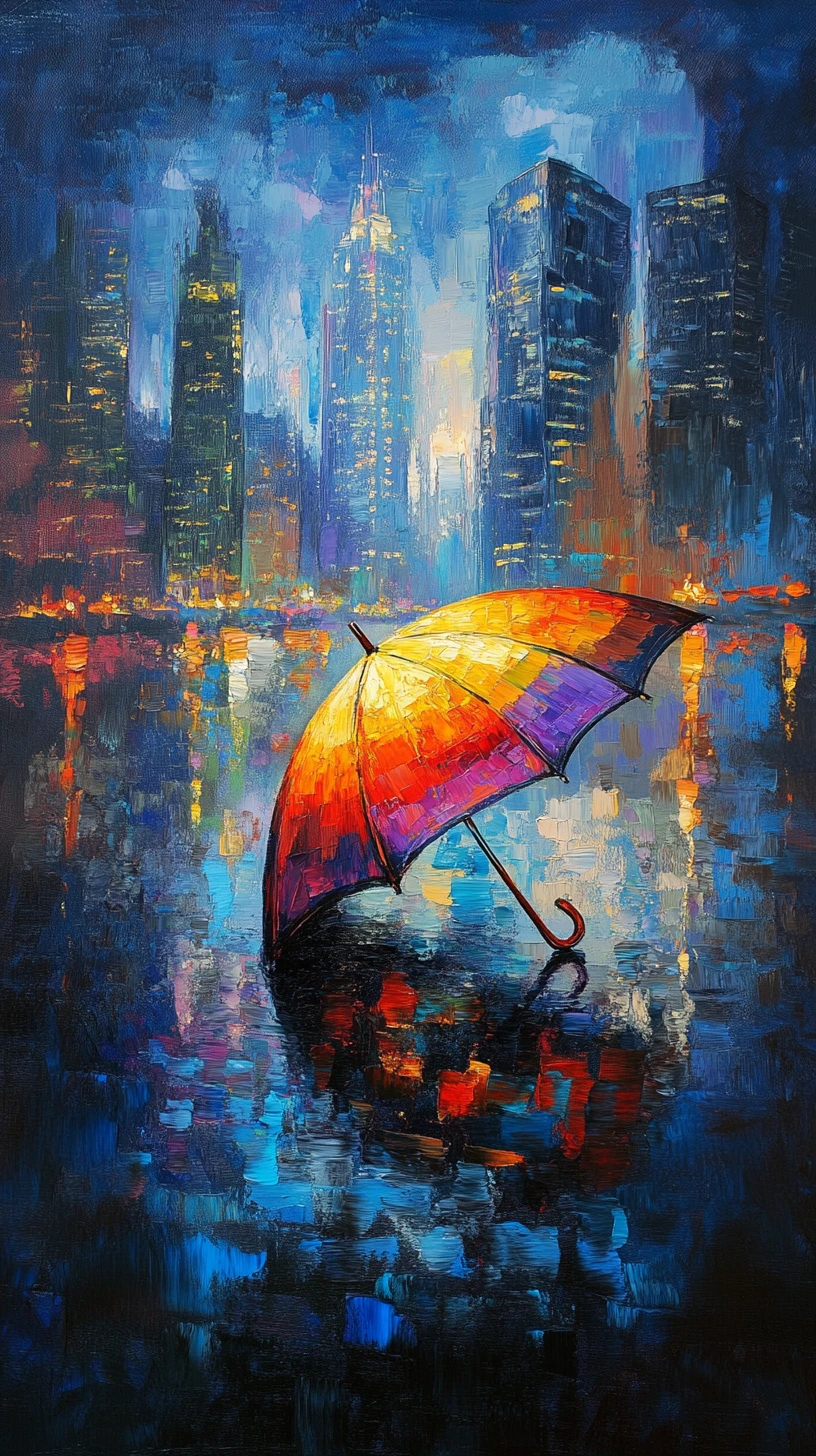 Upside down umbrella mirroring a rainbow city skyline