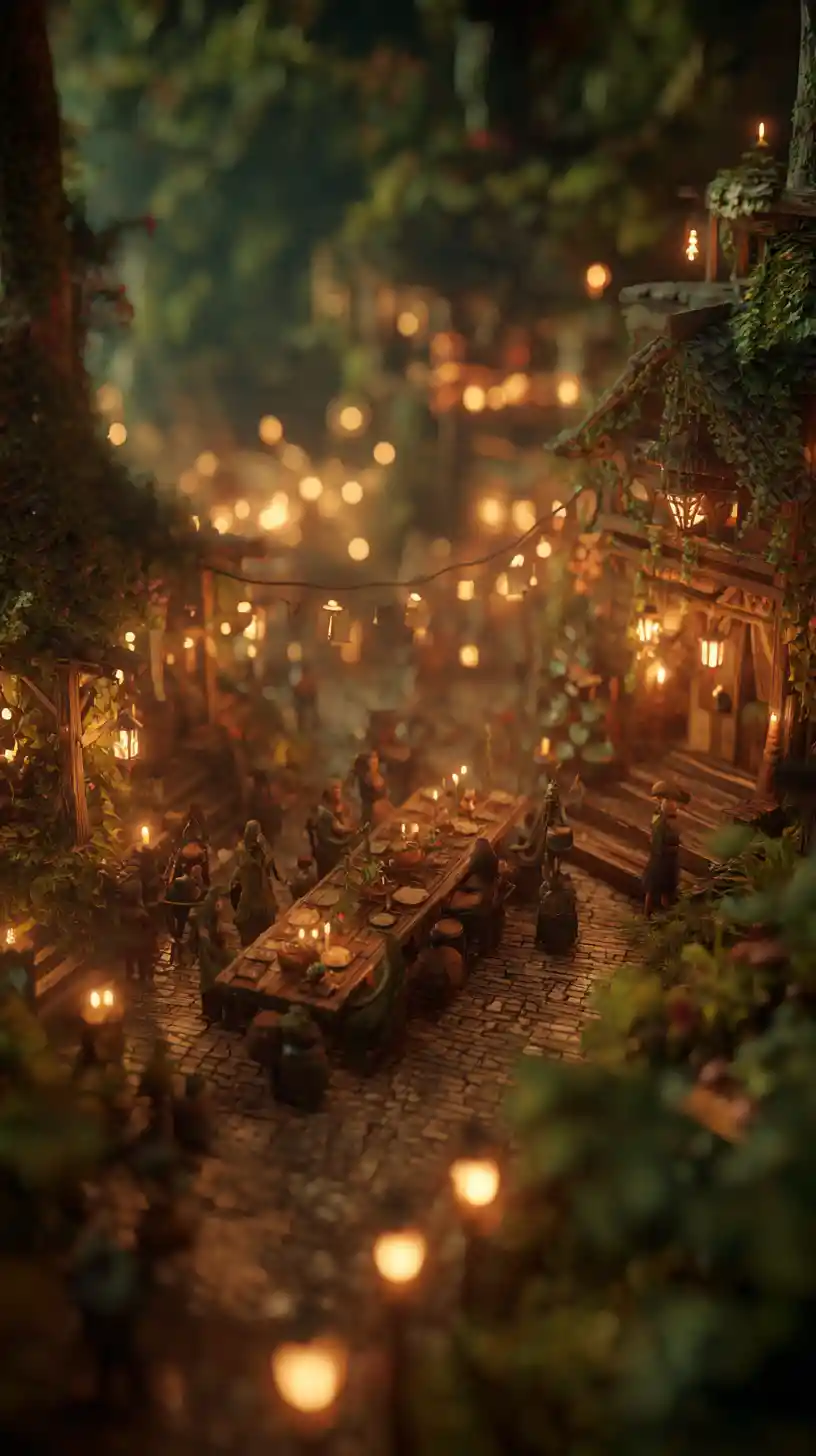 Enchanted Forest Tavern Feast With Mythical Creatures At Dusk
