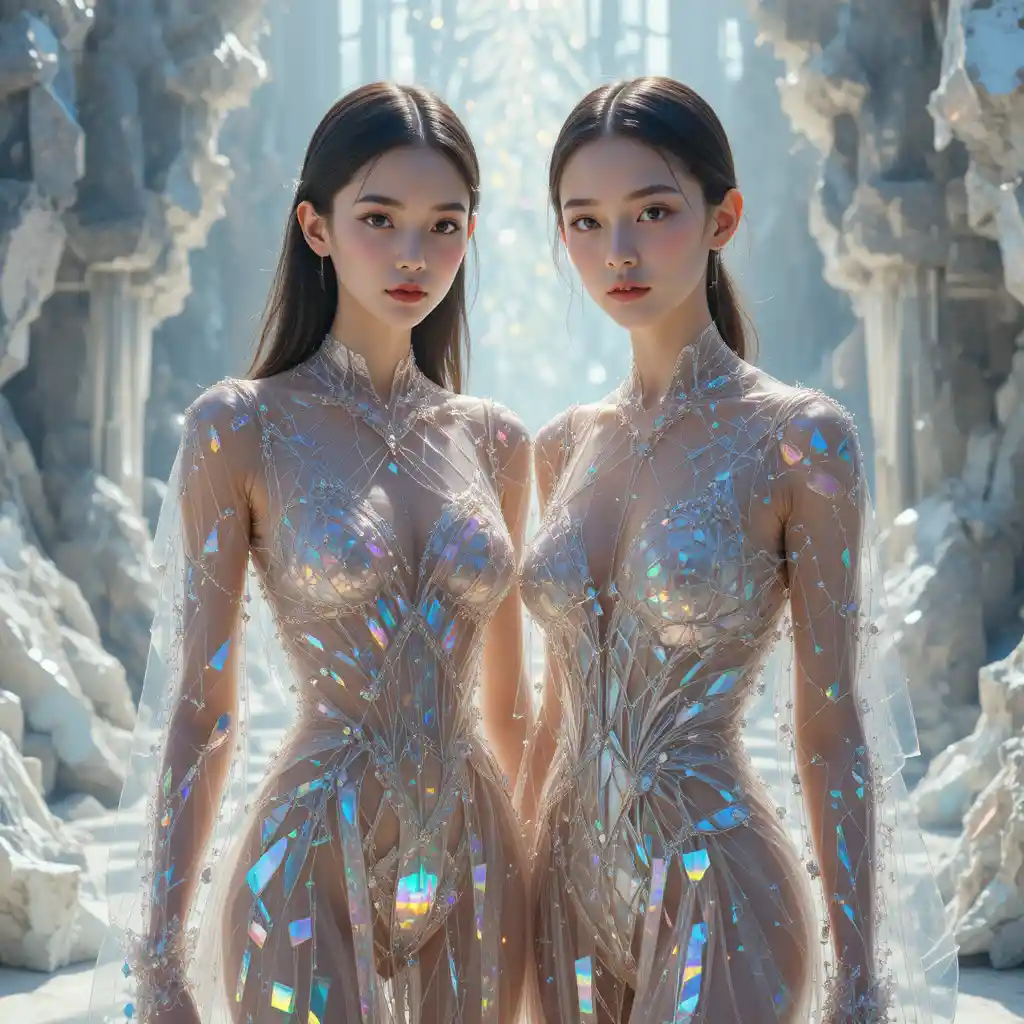Dos mujeres con vestidos de cristal bajo una luz refractada dramática