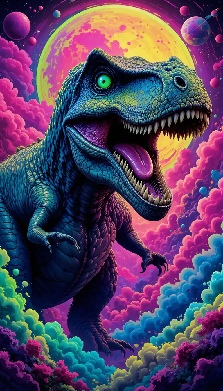 T-Rex feroz em nuvens cósmicas neon e planetas