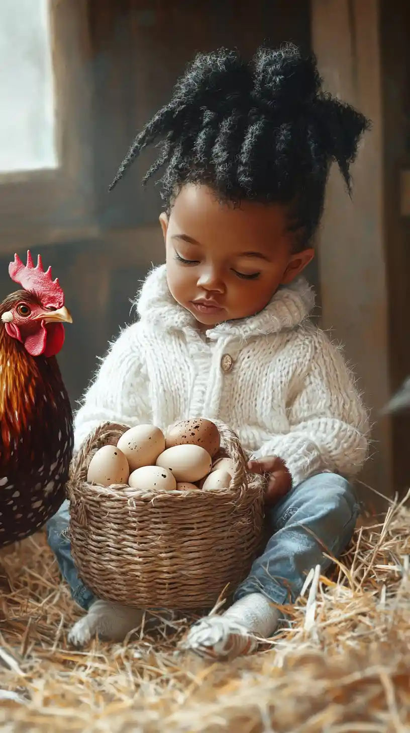 Bebê menino com cesta de ovos sentado em celeiro rústico