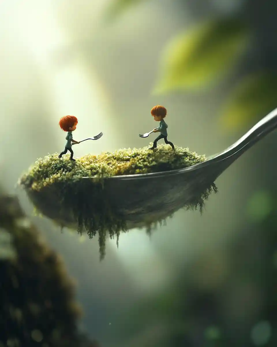 Tiny children playing on giant silverware in an anime world