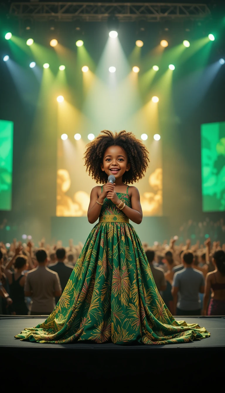 Young African girl singing on bright outdoor concert stage