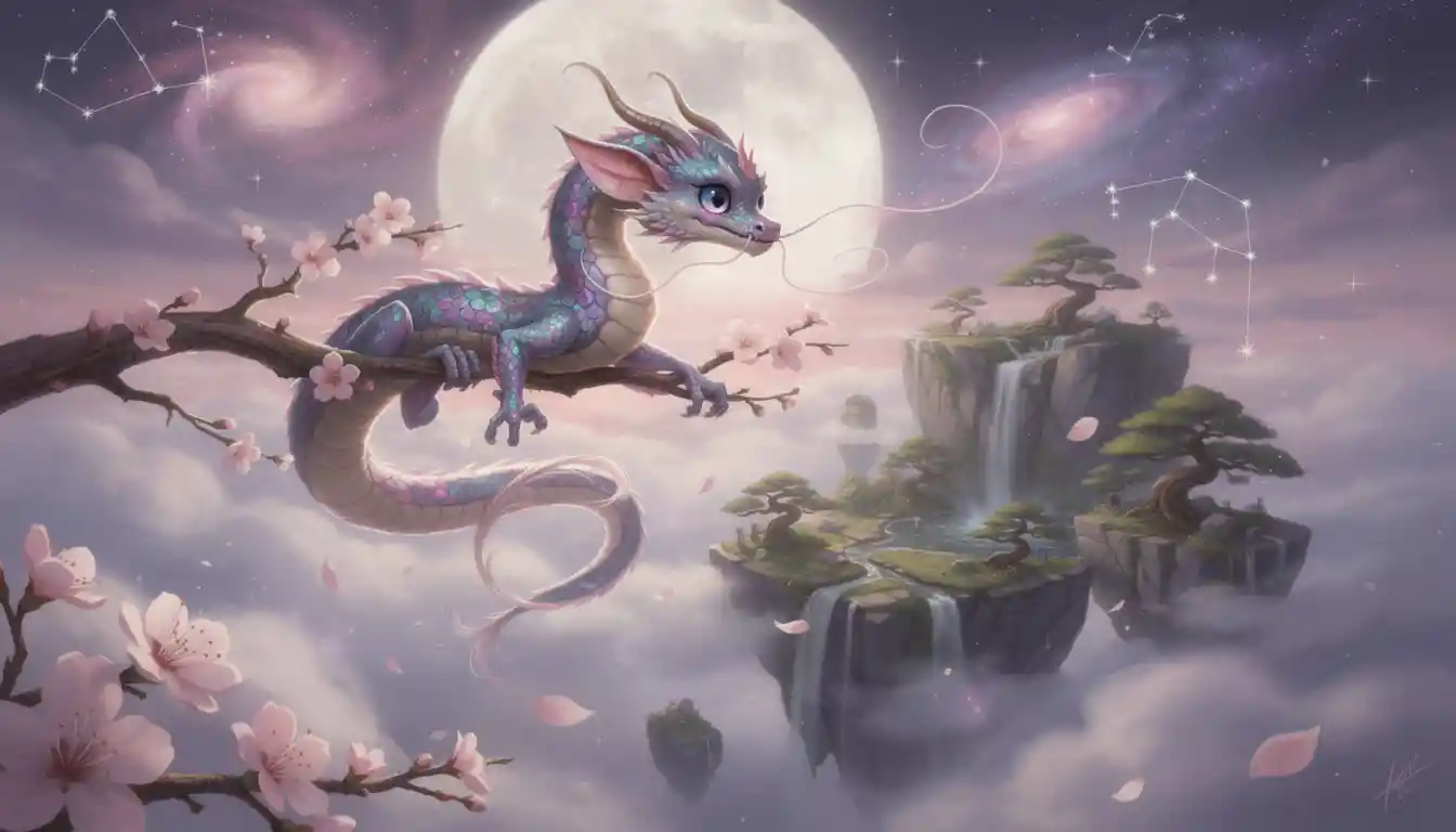 Tiny whimsical dragon in a surreal dreamlike fantasy scene