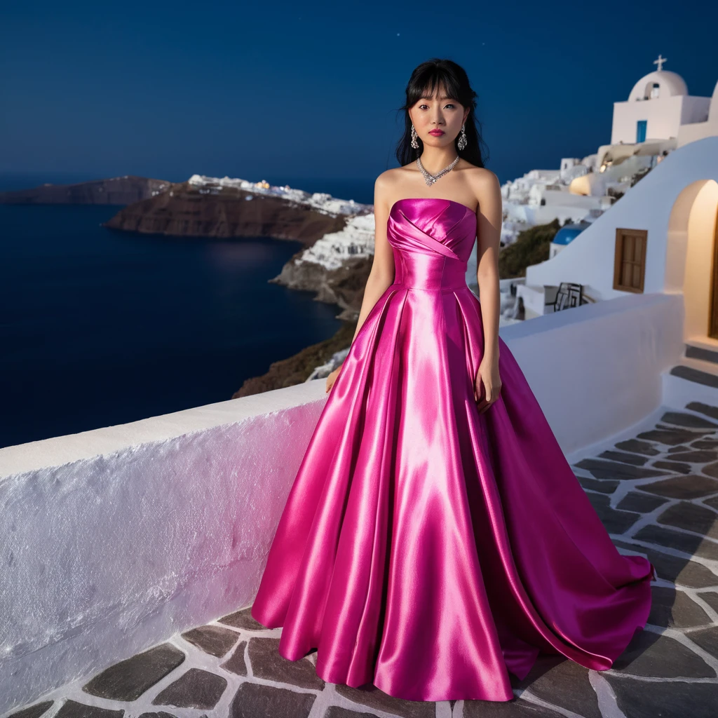 Jovem mulher em vestido de cetim fúcsia à noite em Santorini