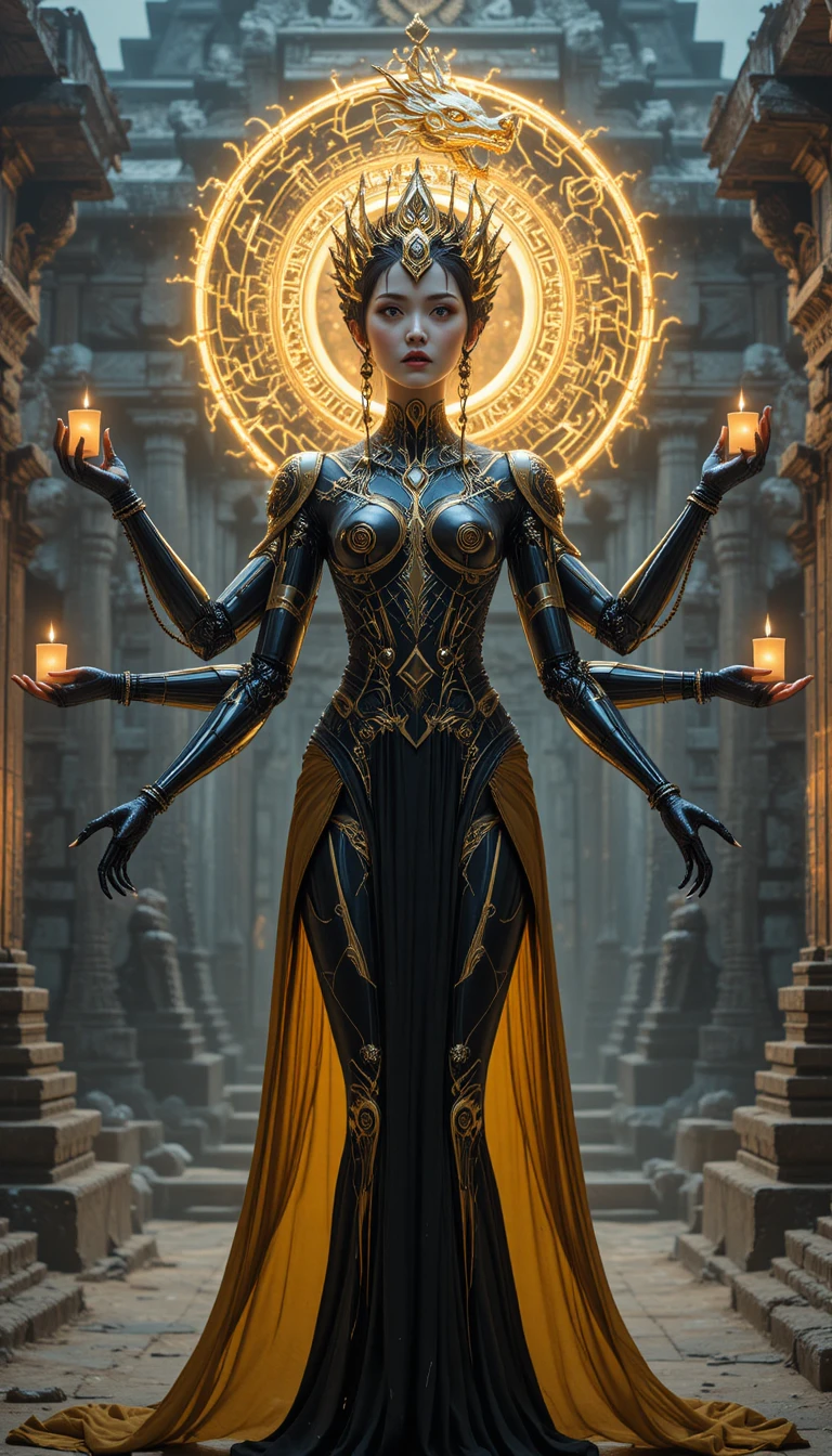 Deusa mecânica cyberpunk em um templo luminoso