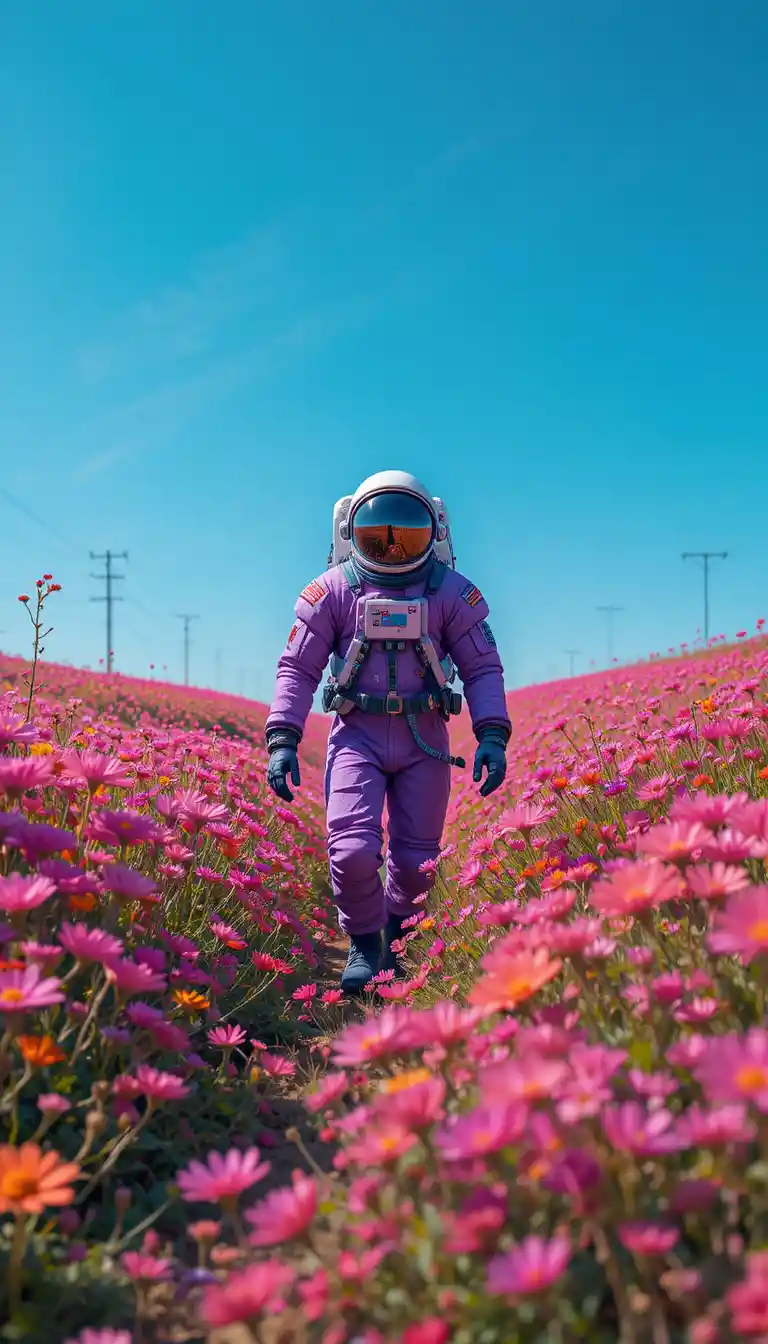 Astronauta che cammina in un colorato campo di fiori selvatici sotto il cielo blu