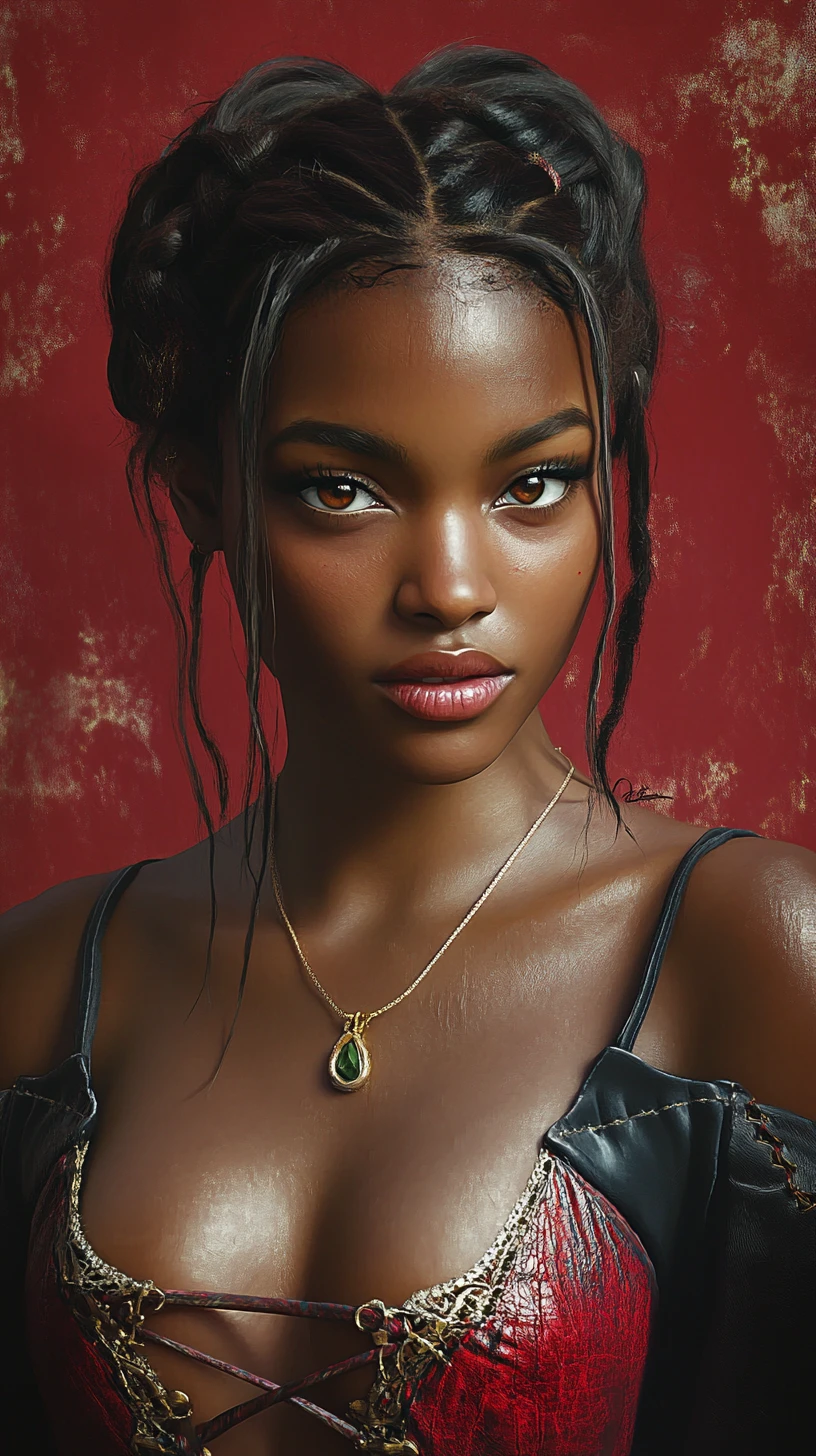Dark skinned woman in red leather with gothic aura