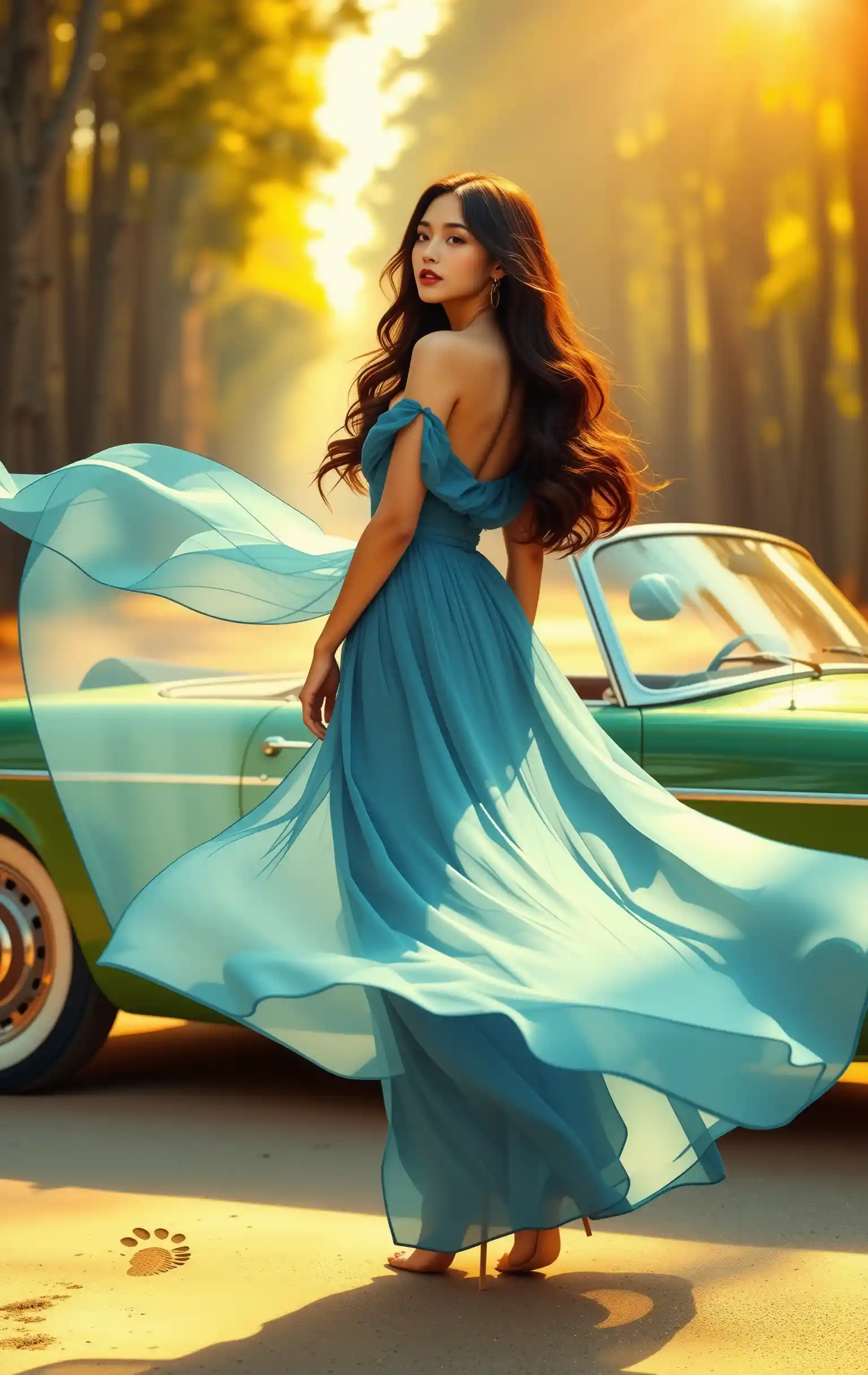 Elegant woman by vintage convertible on forest road