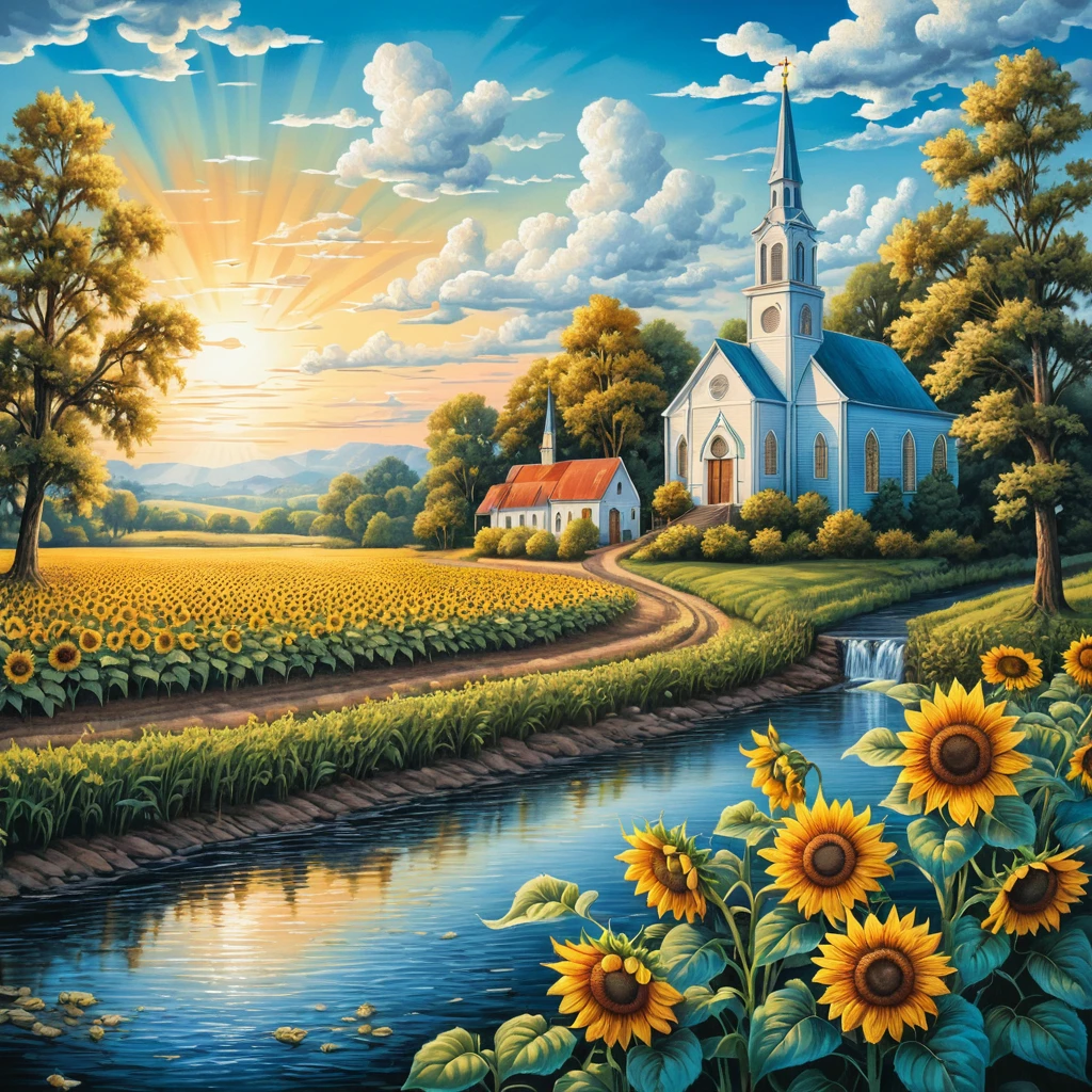 Chiesa all’alba sopra fiume e campi di girasoli in estate